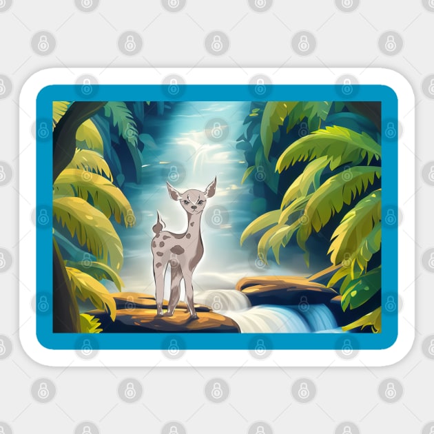 Deer in the Jungle and Waterfall Sticker by Ammi